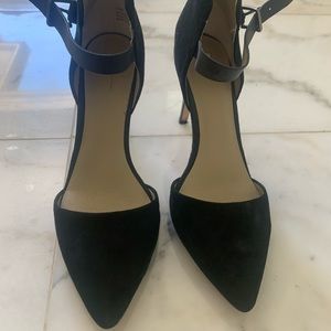 Black, faux suede & faux leather strap pointed toe heels